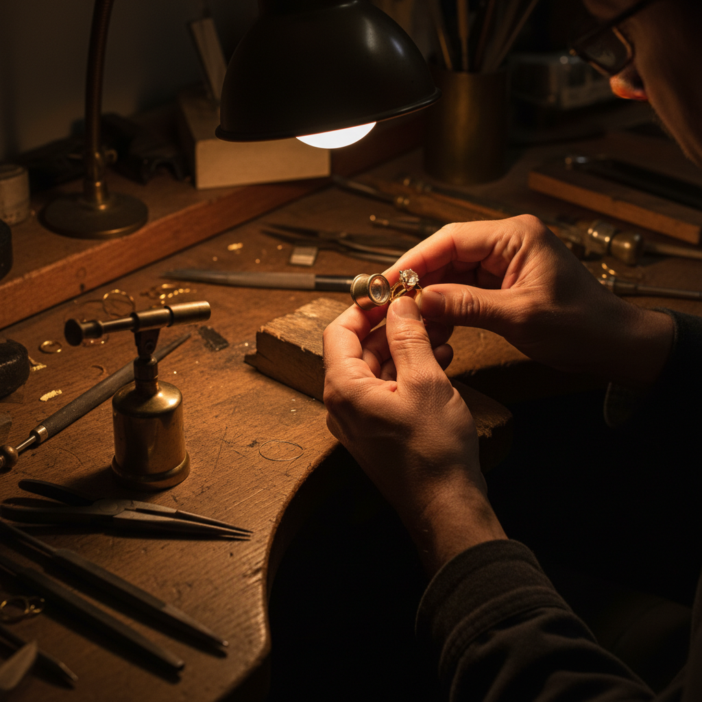 Editorial portrait of a hand wearing layered rings