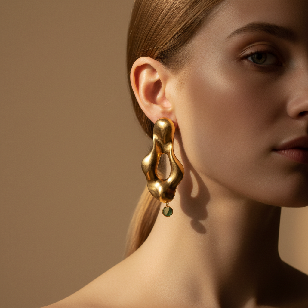 Editorial portrait of a hand wearing layered rings