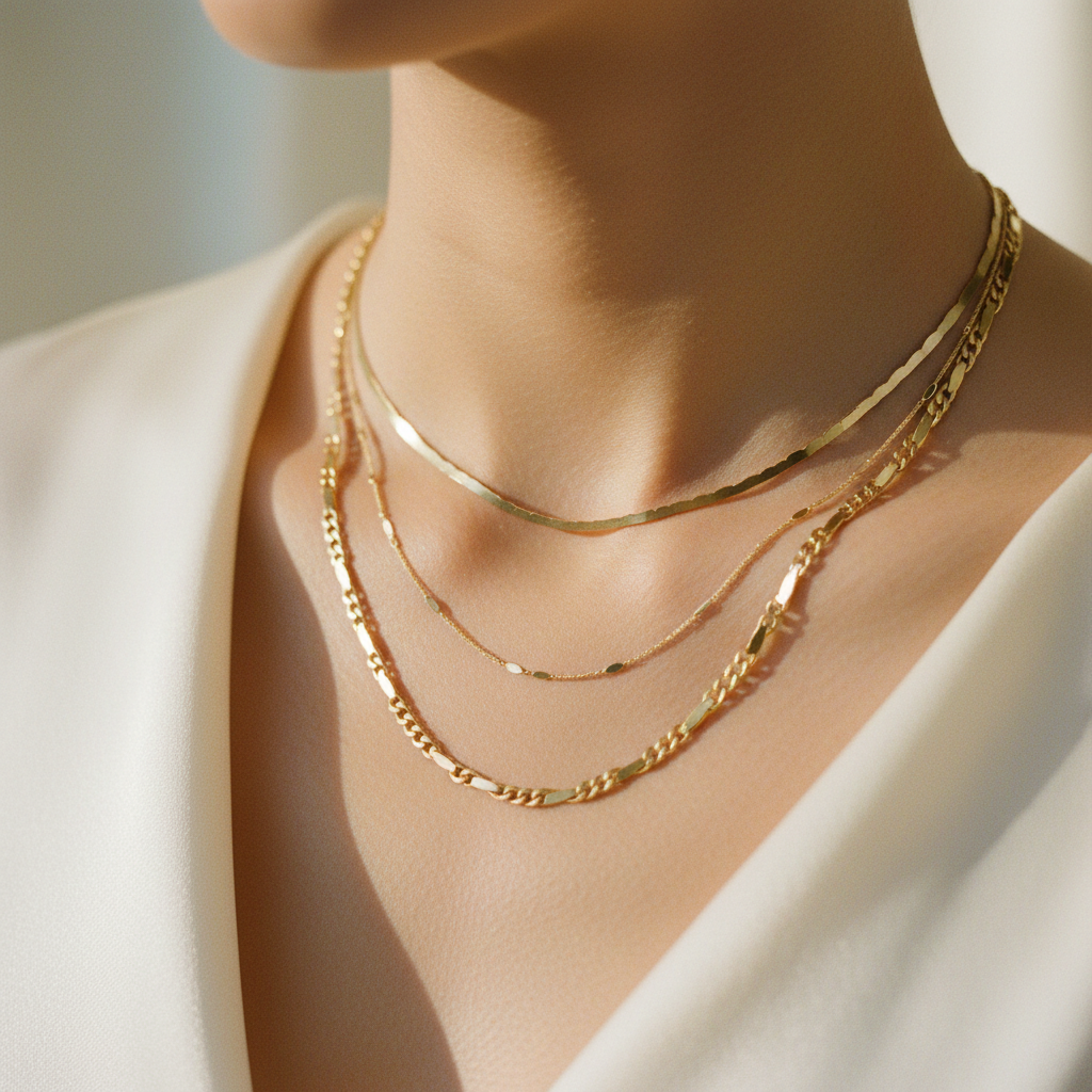 A stack of fine gold necklaces draped on stone