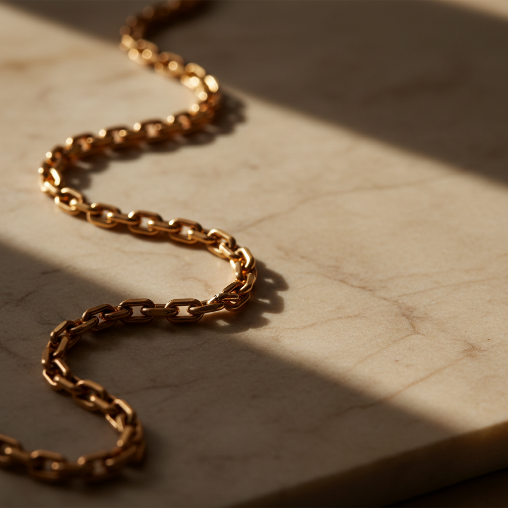 A close-up of a sculpted gold pendant catching warm light