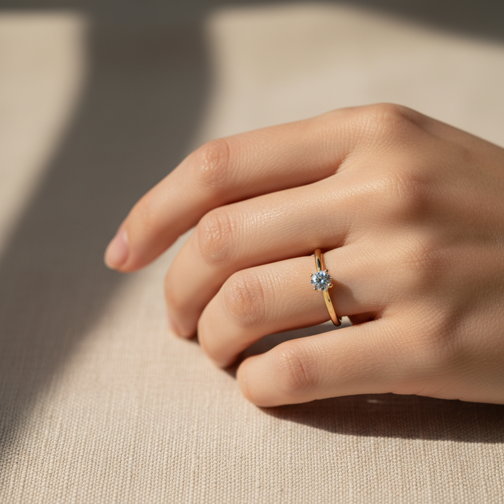 A solitaire ring resting on warm linen, lit by morning light