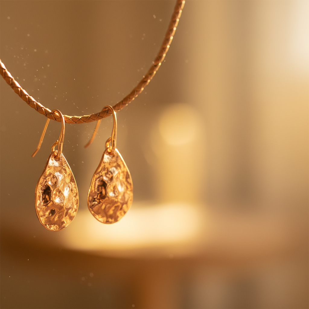 An open atelier workbench with golden stacking rings on weathered wood