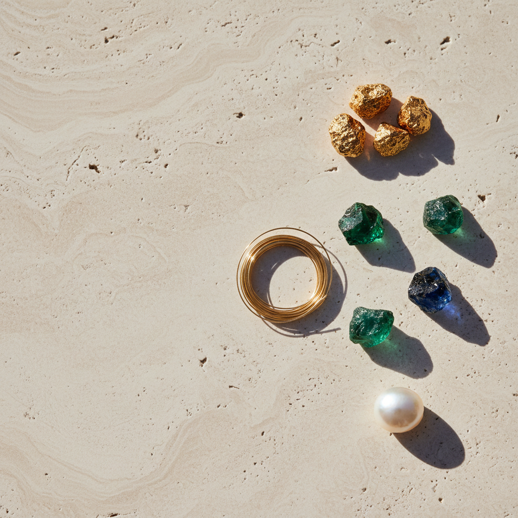Macro detail of warm gold and rough-cut stones on linen